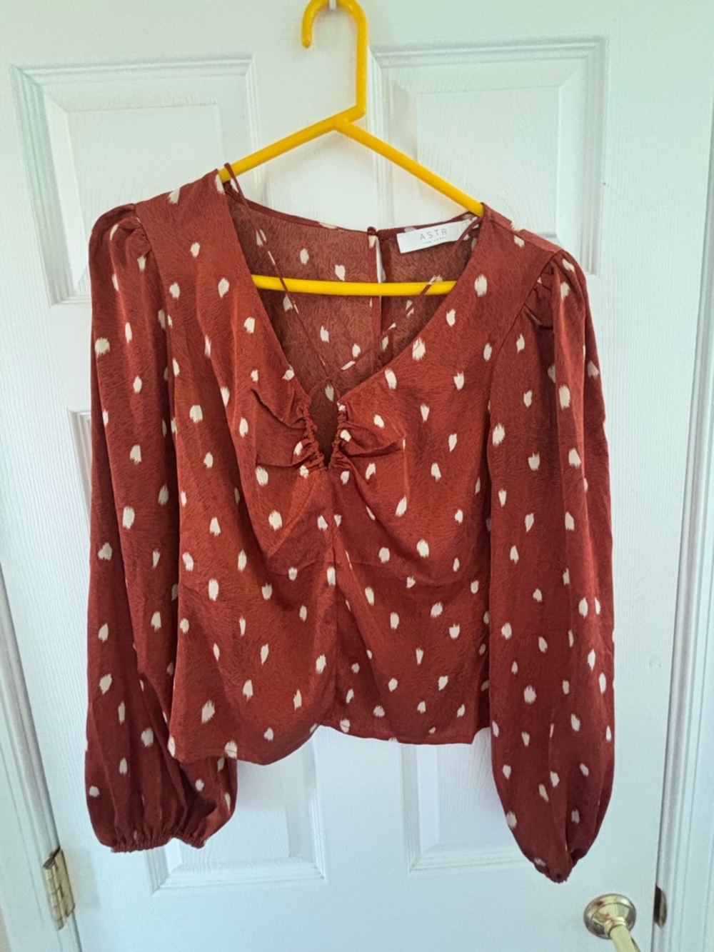 ASTR Rust Polka Dot Long-Sleeve Cross-Neck Blouse